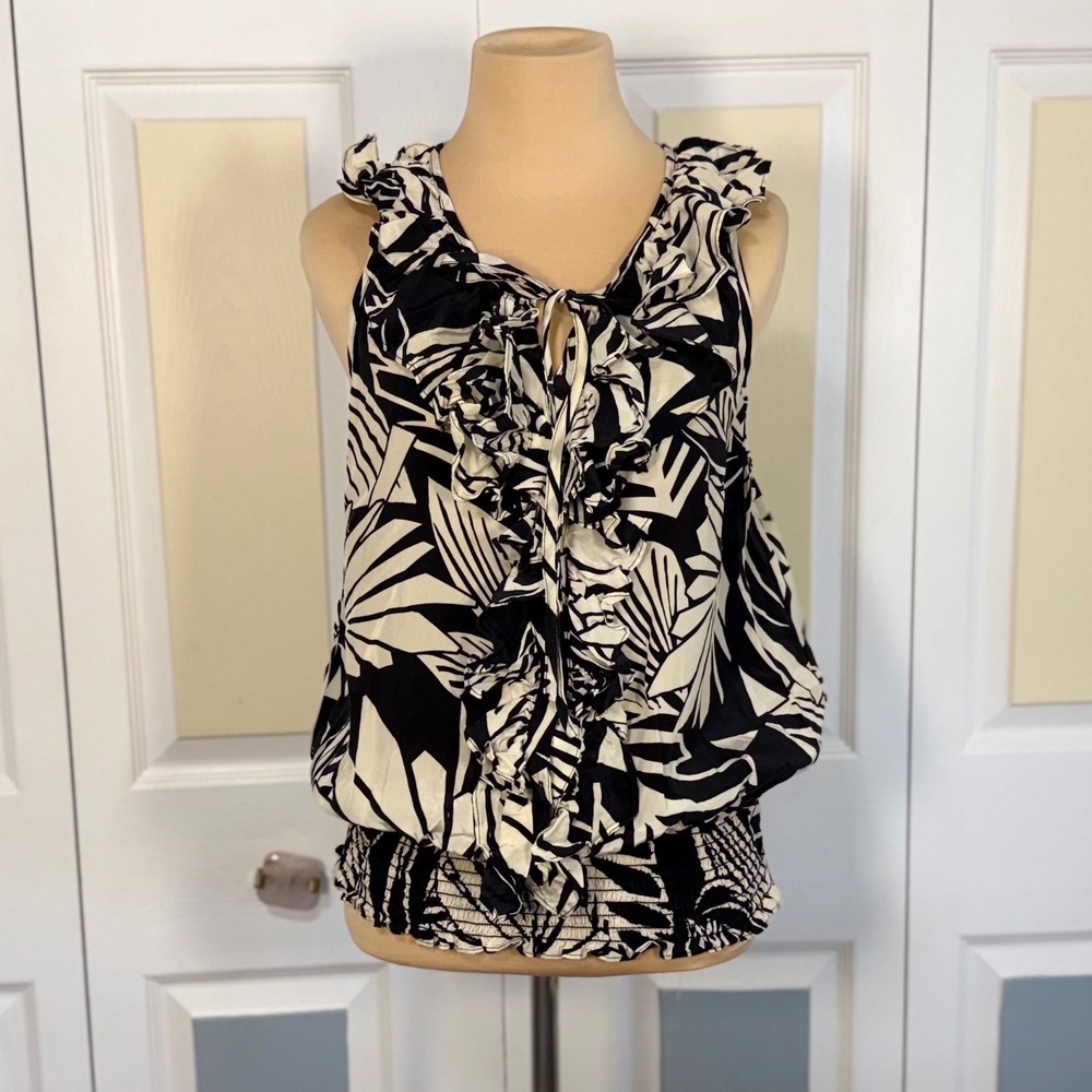 Karen Kane Womens 100% Silk Ruffle Tropical Palm Blouse Black White L  1L12528